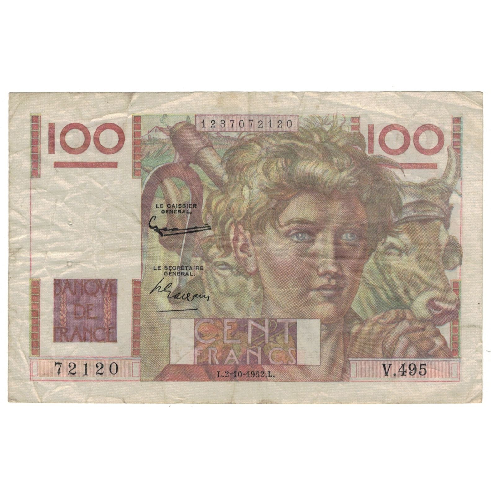 France, 100 Francs, Jeune Paysan, 1952, D AMBRIERES, GARGAM, 1952-10-02