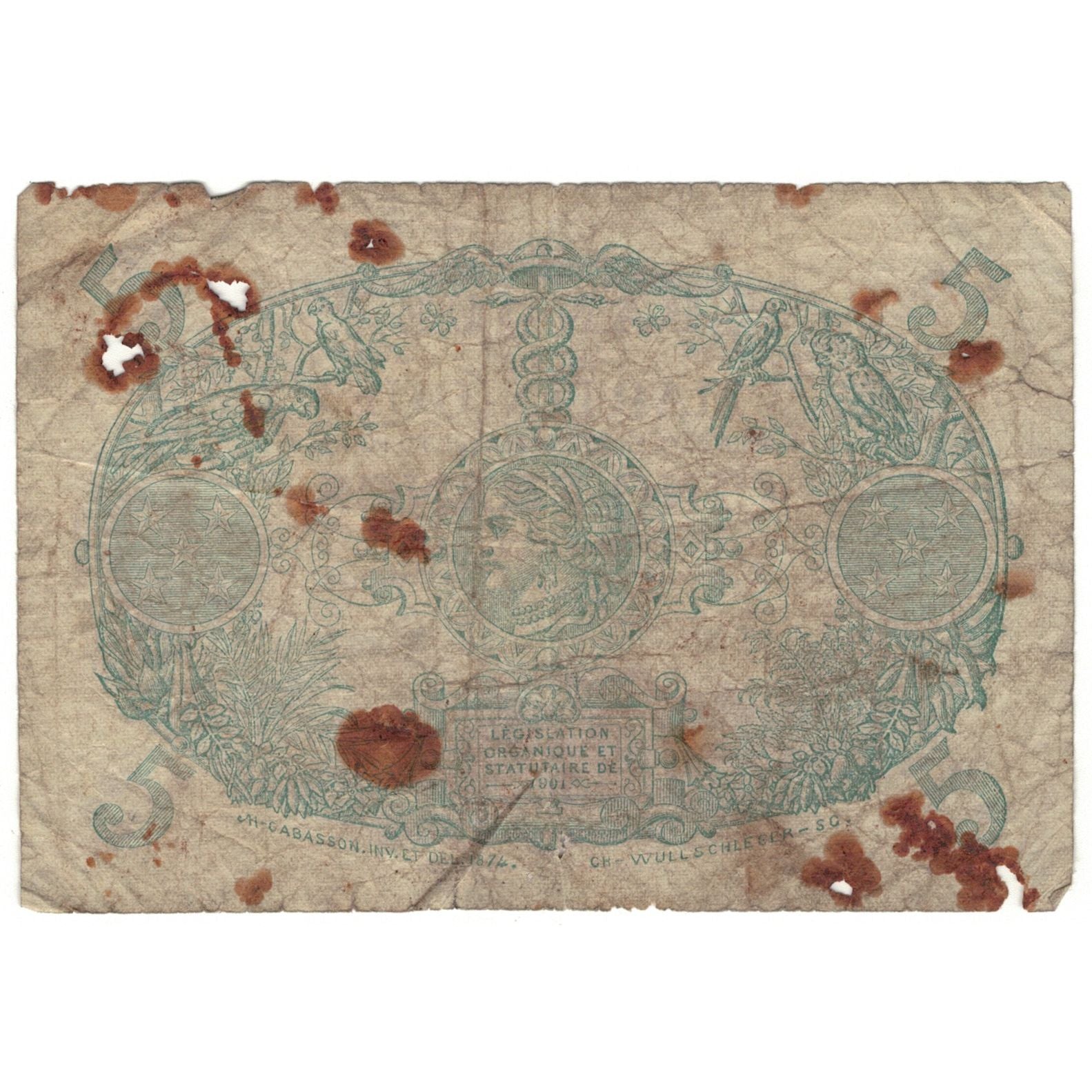 Martinique, 5 Francs, 1945, B.360 697, D, KM:6
