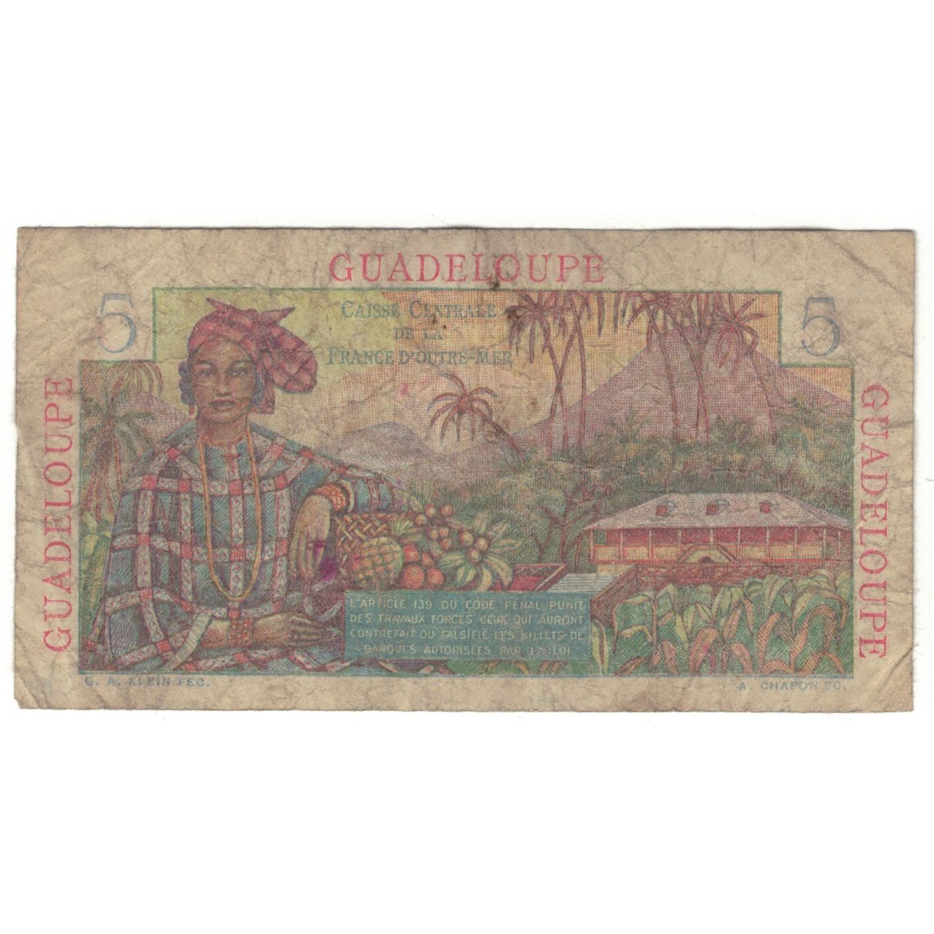 Gwadelupa, 5 Francs, VG(8-10), KM:31