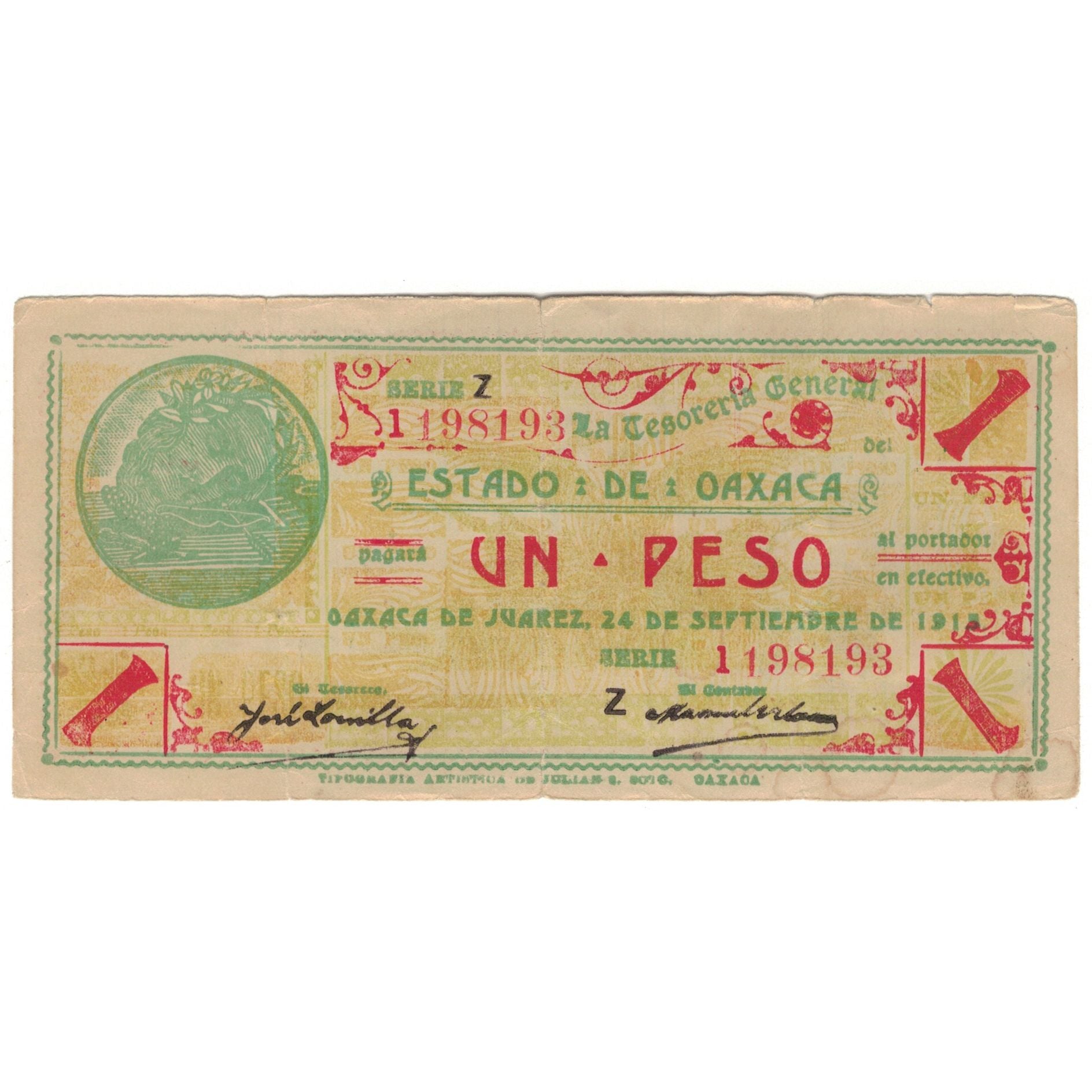 Banknote, Mexico - Revolutionary, 1 Peso, 1915, KM:S953a, VF(20-25)