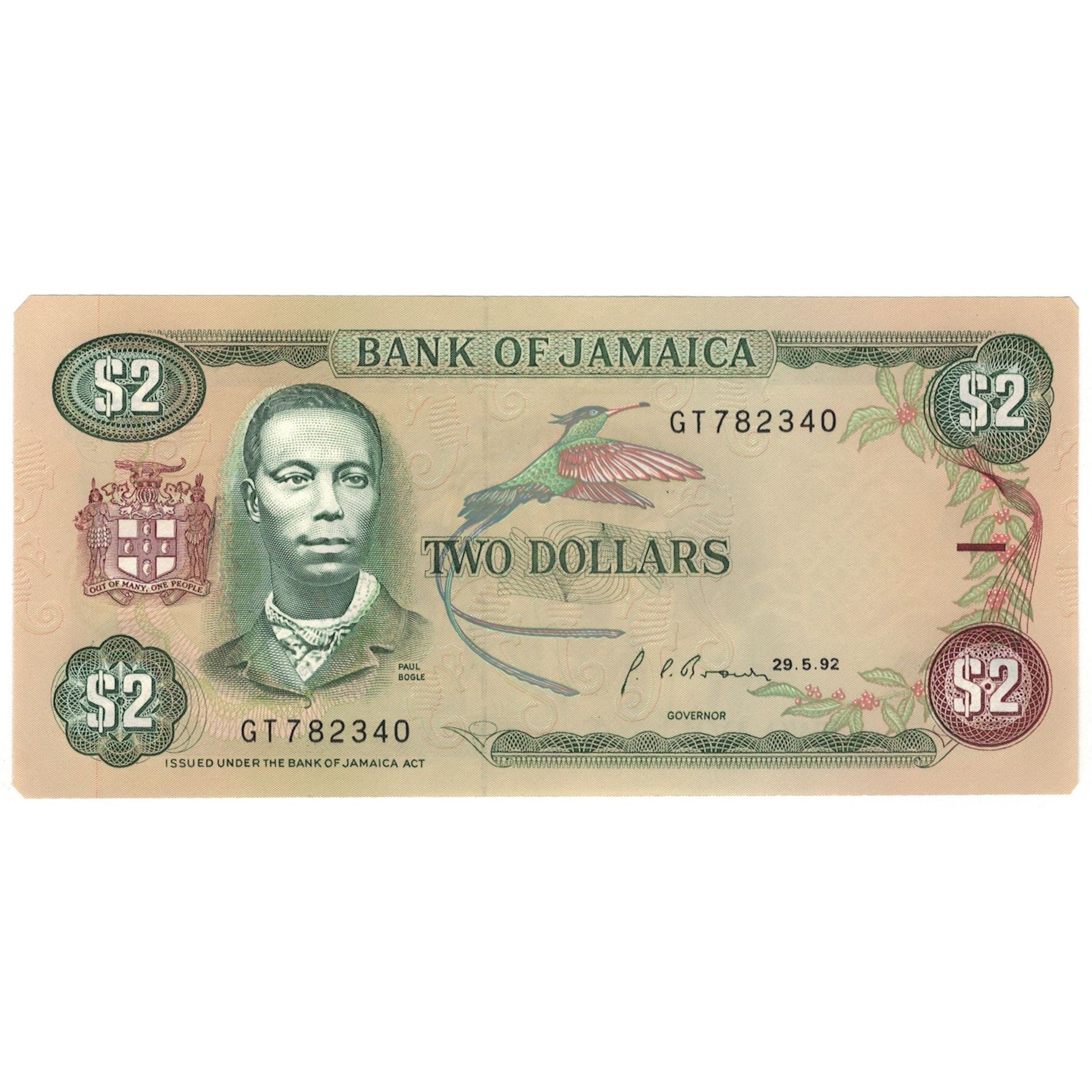 Banknote, Jamaica, 2 Dollars, 1985-1993, KM:69d, UNC(65-70)