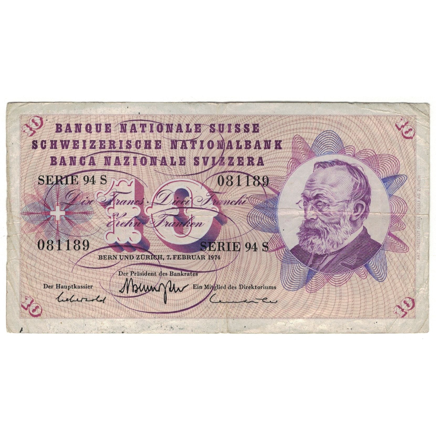 Banknote, Switzerland, 10 Franken, 1974, 1974-02-07, KM:45u, VF(20-25)