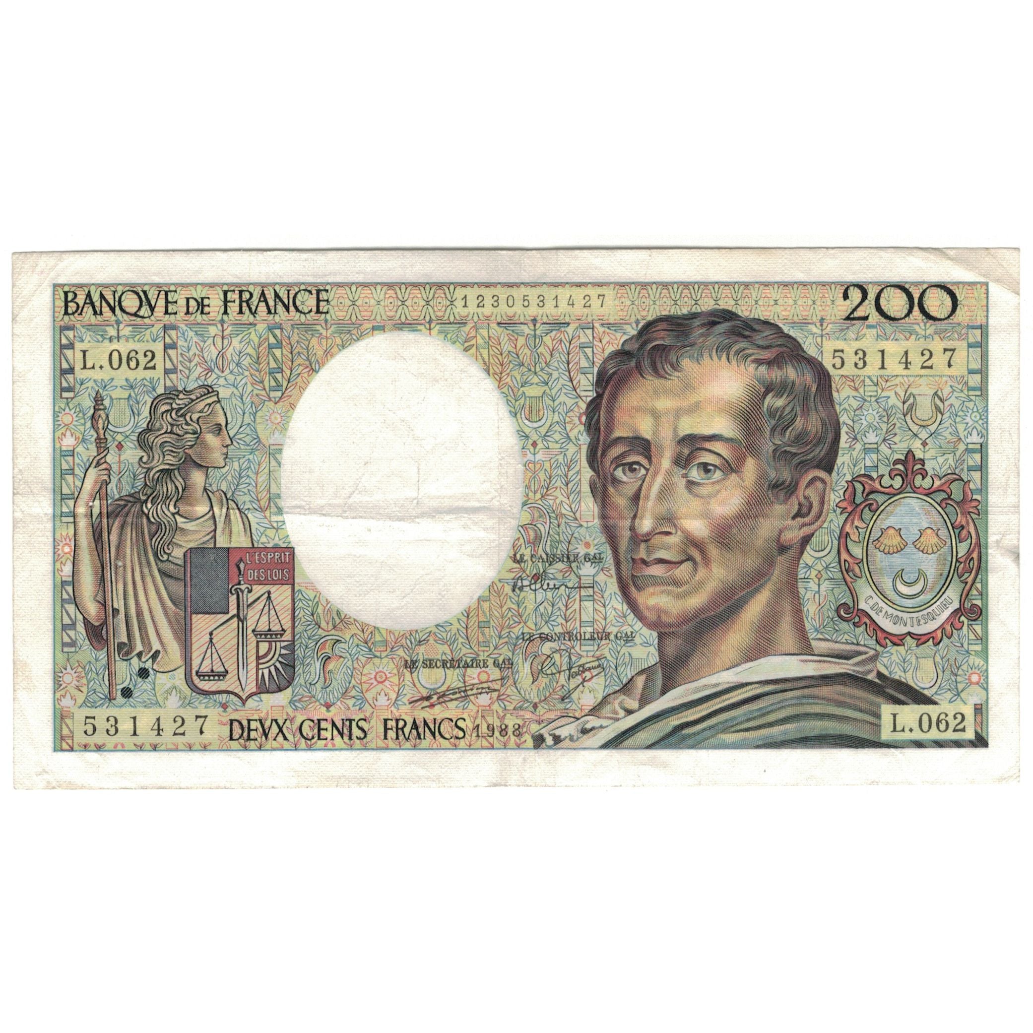 Francja, 200 Francs, Montesquieu, 1988, L.062, VF(20-25), Fayette:70.8, KM:155c