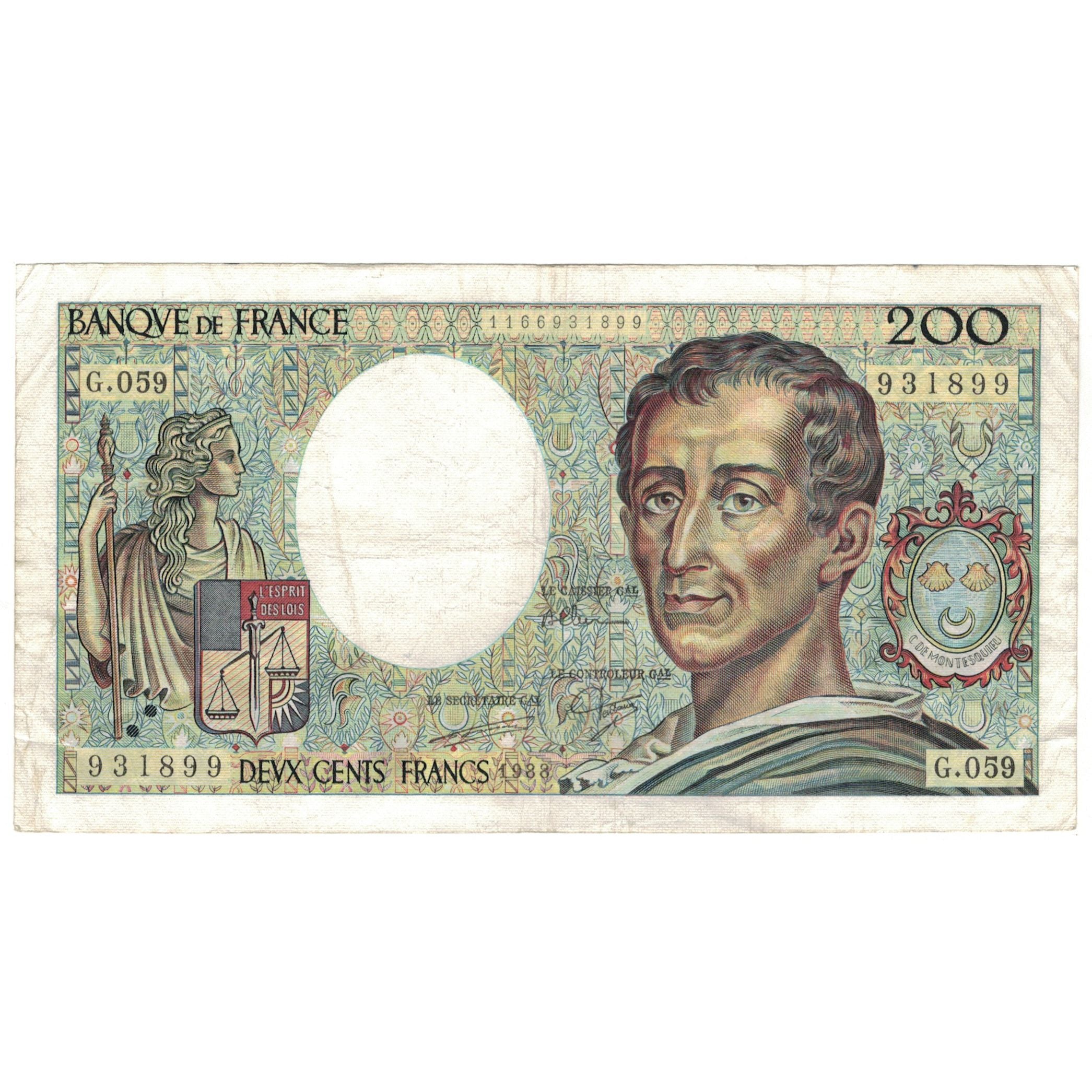 France, 200 Francs, Montesquieu, 1988, G.059, VF(20-25), Fayette:70.8, KM:155c