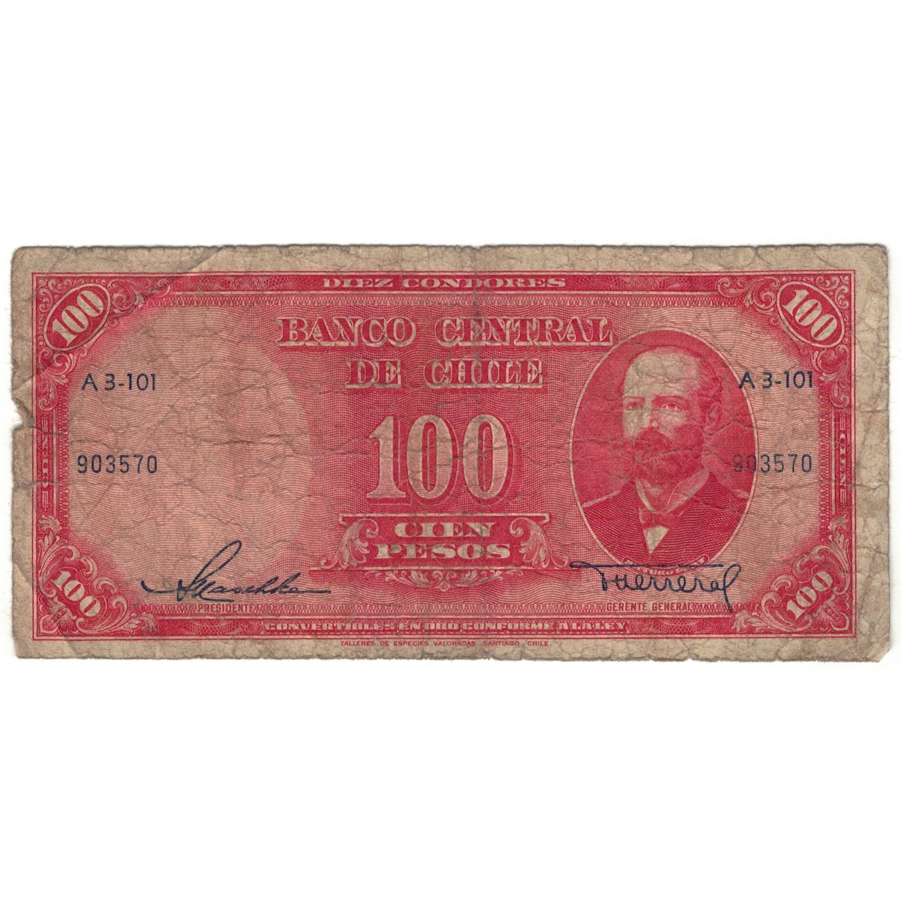 Banknote, Chile, 100 Pesos = 10 Condores, KM:113, AG(1-3)
