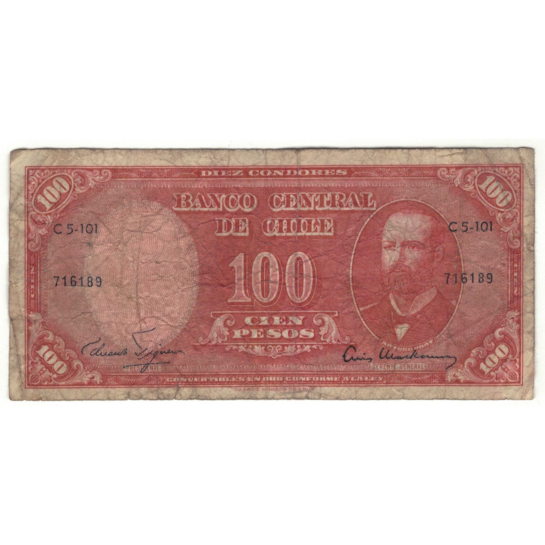 Banknote, Chile, 10 Centesimos on 100 Pesos, KM:127a, VG(8-10)