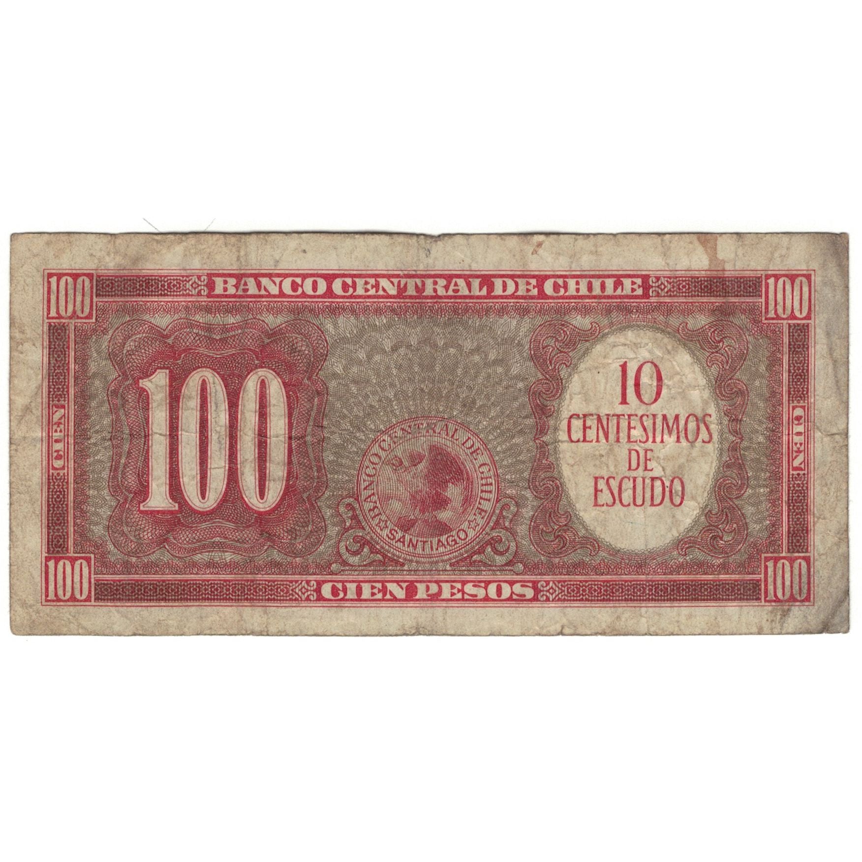 Banknote, Chile, 10 Centesimos on 100 Pesos, KM:127a, VG(8-10)