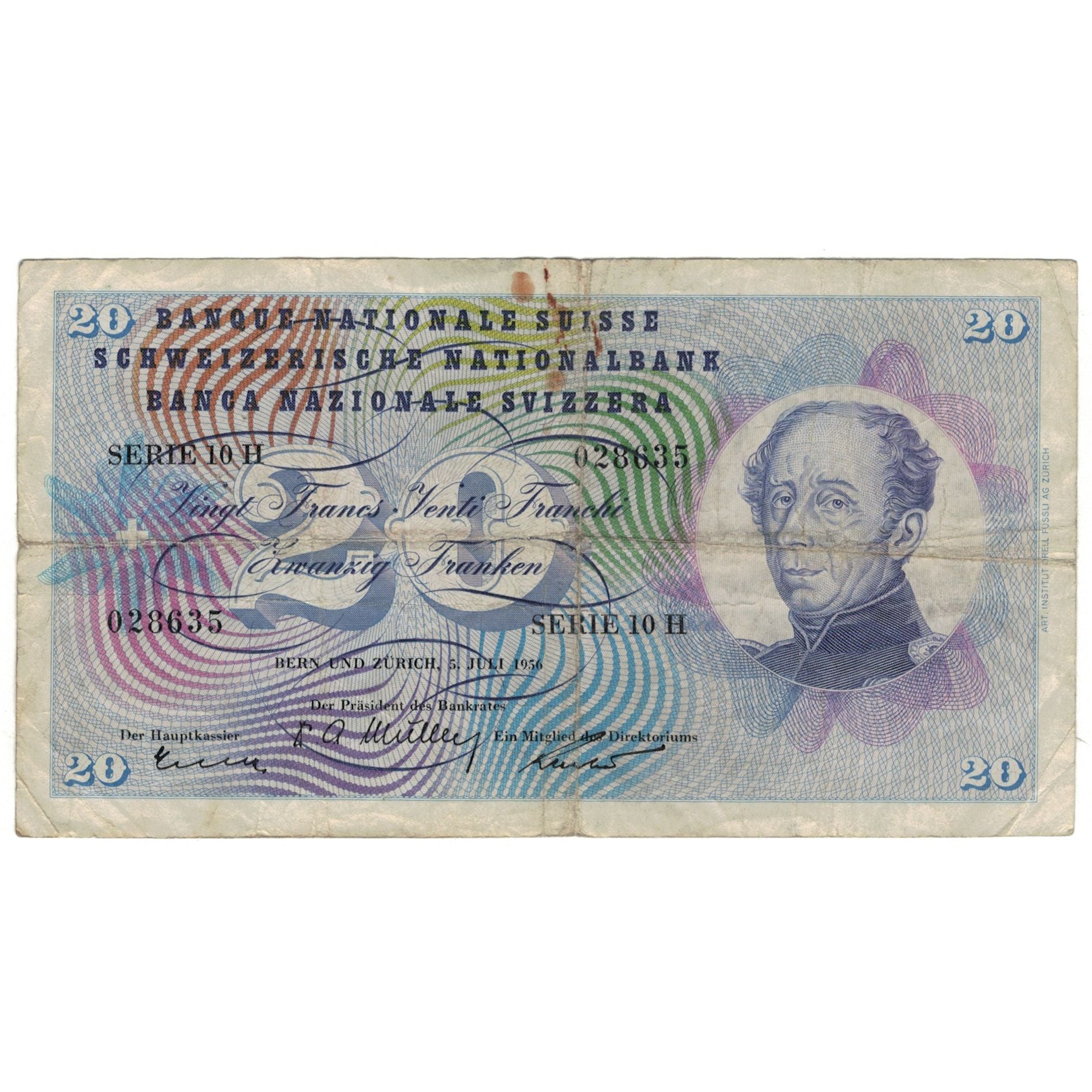 Banknote, Switzerland, 20 Franken, 1956, 1956-07-05, KM:46d, VG(8-10)