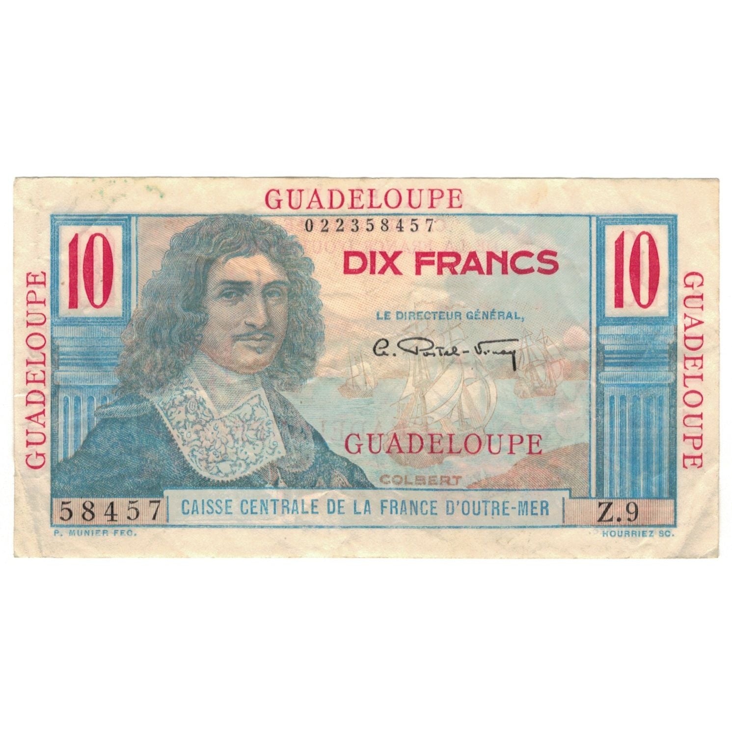 Guadeloupe, 10 Francs, Z.9, EF(40-45), KM:32