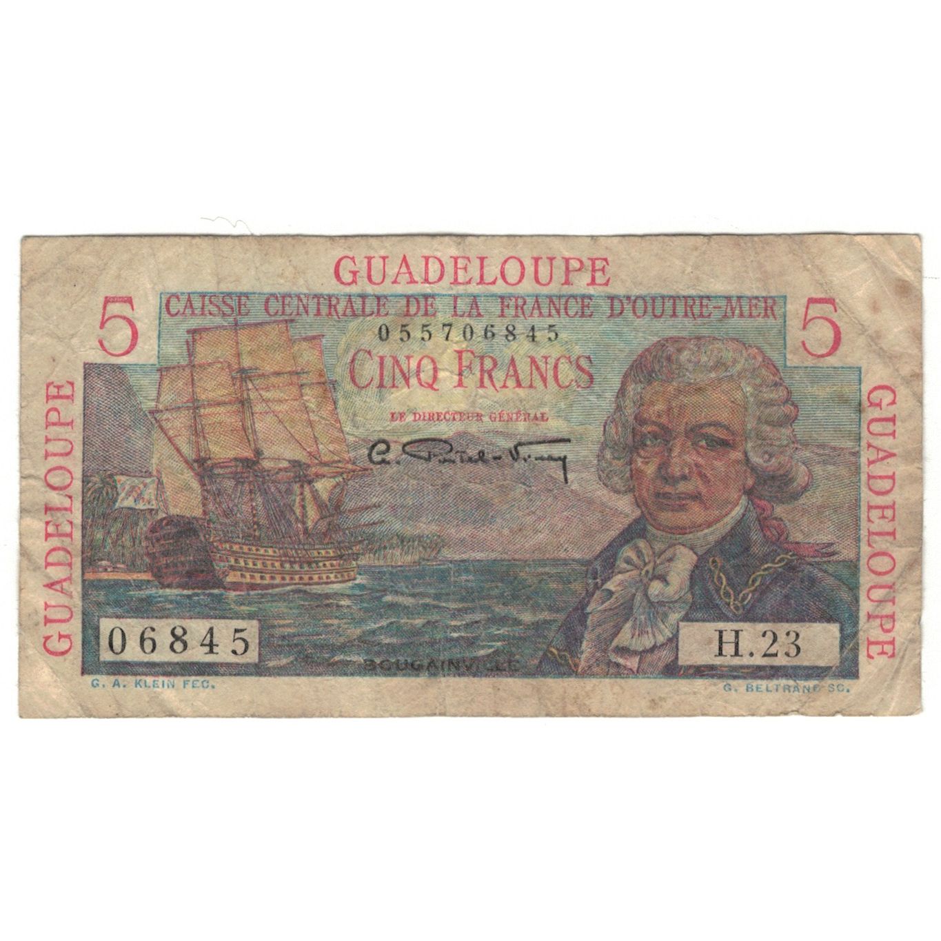 Guadeloupe, 5 Francs, Undated (1947), H.23, VG(8-10), KM:31