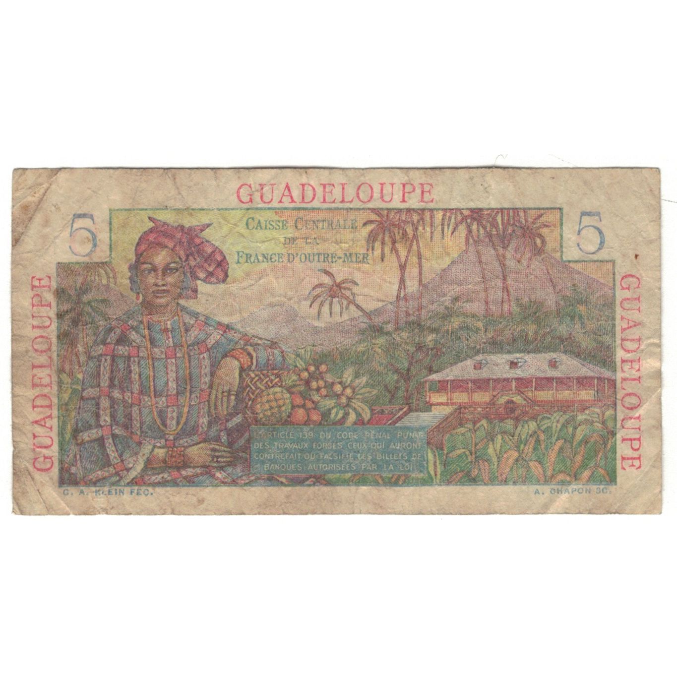 Guadeloupe, 5 Francs, Undated (1947), H.23, VG(8-10), KM:31