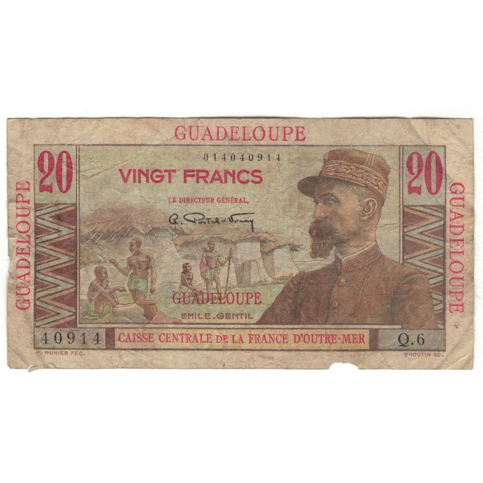 Guadeloupe, 20 Francs, Undated (1947-49), Q.6, VG(8-10), KM:33
