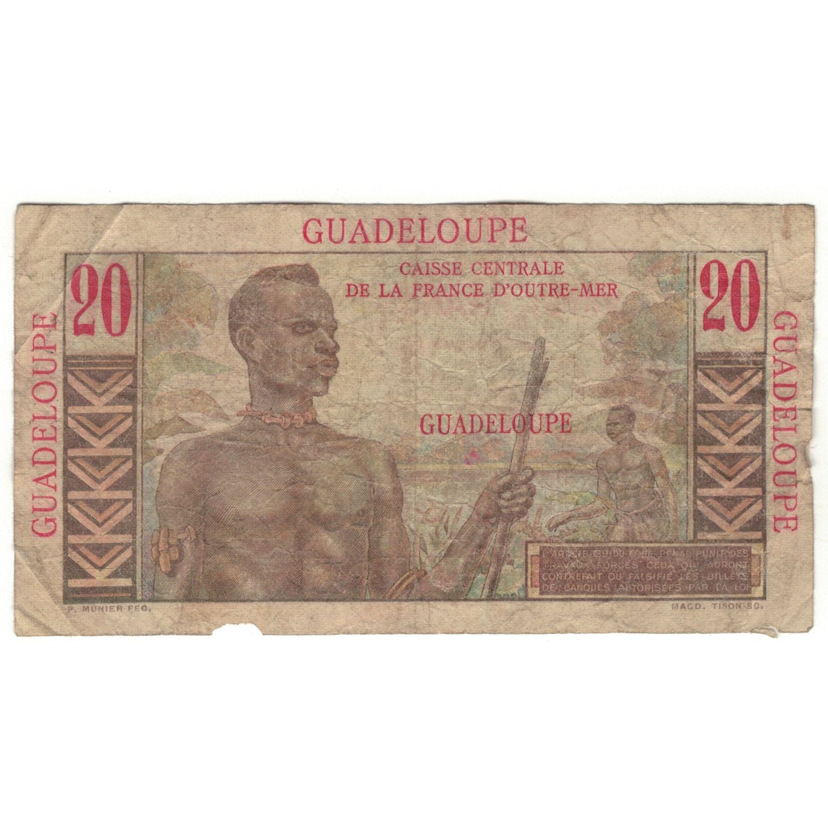 Guadeloupe, 20 Francs, Undated (1947-49), Q.6, VG(8-10), KM:33