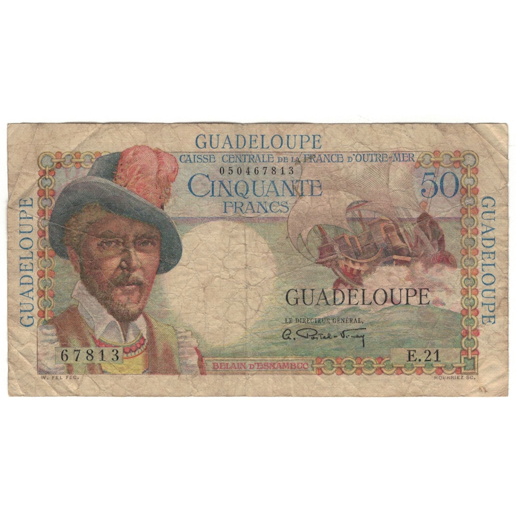 Guadeloupe, 50 Francs, 1947-1949, E.21, VG(8-10), KM:34