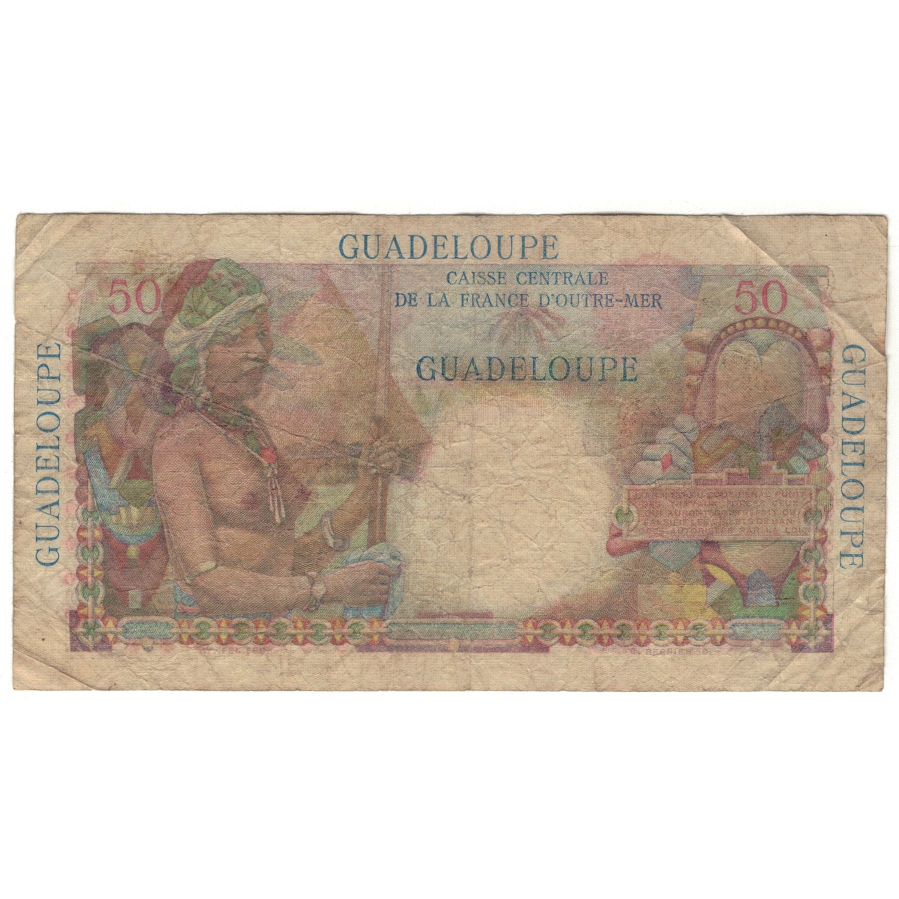 Guadeloupe, 50 Francs, 1947-1949, E.21, VG(8-10), KM:34