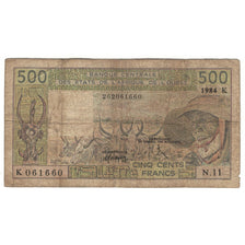 Nota, Estados da África Ocidental, 500 Francs, 1984, KM:706Kg, VG(8-10)