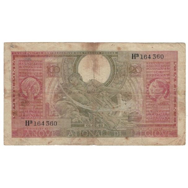 Banknote, Belgium, 100 Francs-20 Belgas, 1943, 1943-02-01, KM:123, VG(8-10)