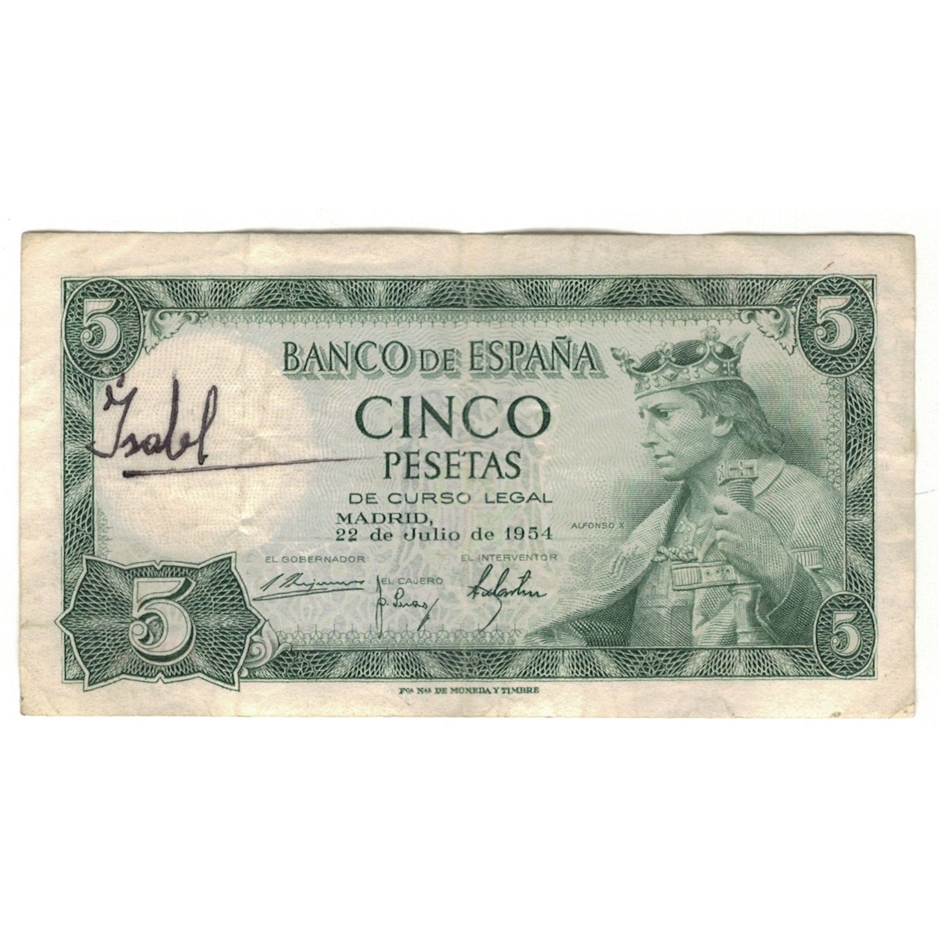 Billet, Espagne, 5 Pesetas, 1954, 1954-07-22, KM:146a, TB