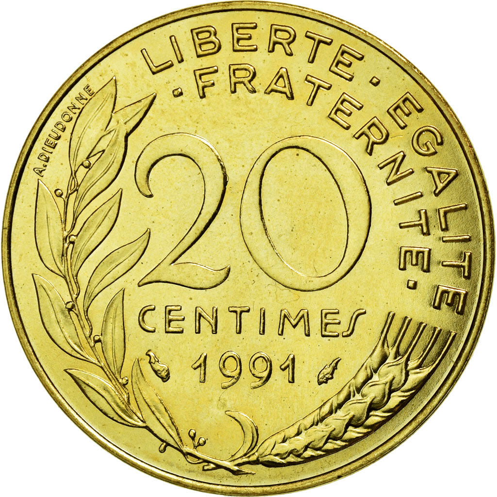 Moneta, Francia, Marianne, 20 Centimes, 1991, Paris, FDC, Alluminio-bronzo