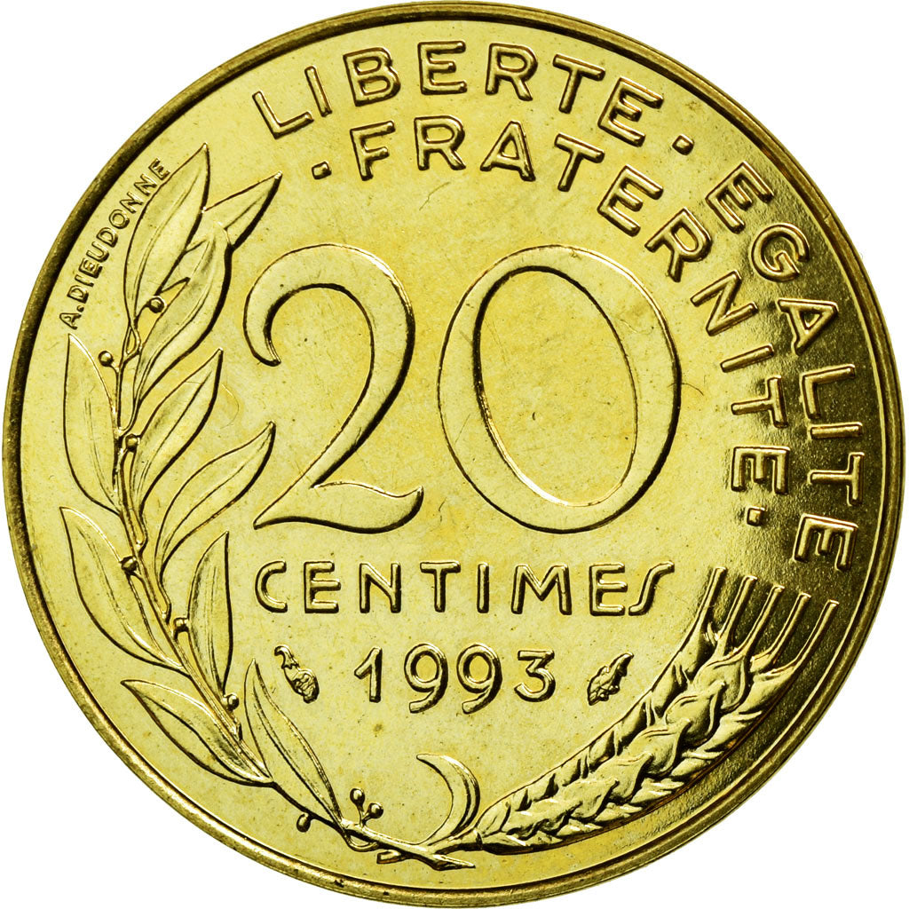 Moneta, Francia, Marianne, 20 Centimes, 1993, Paris, FDC, Alluminio-bronzo
