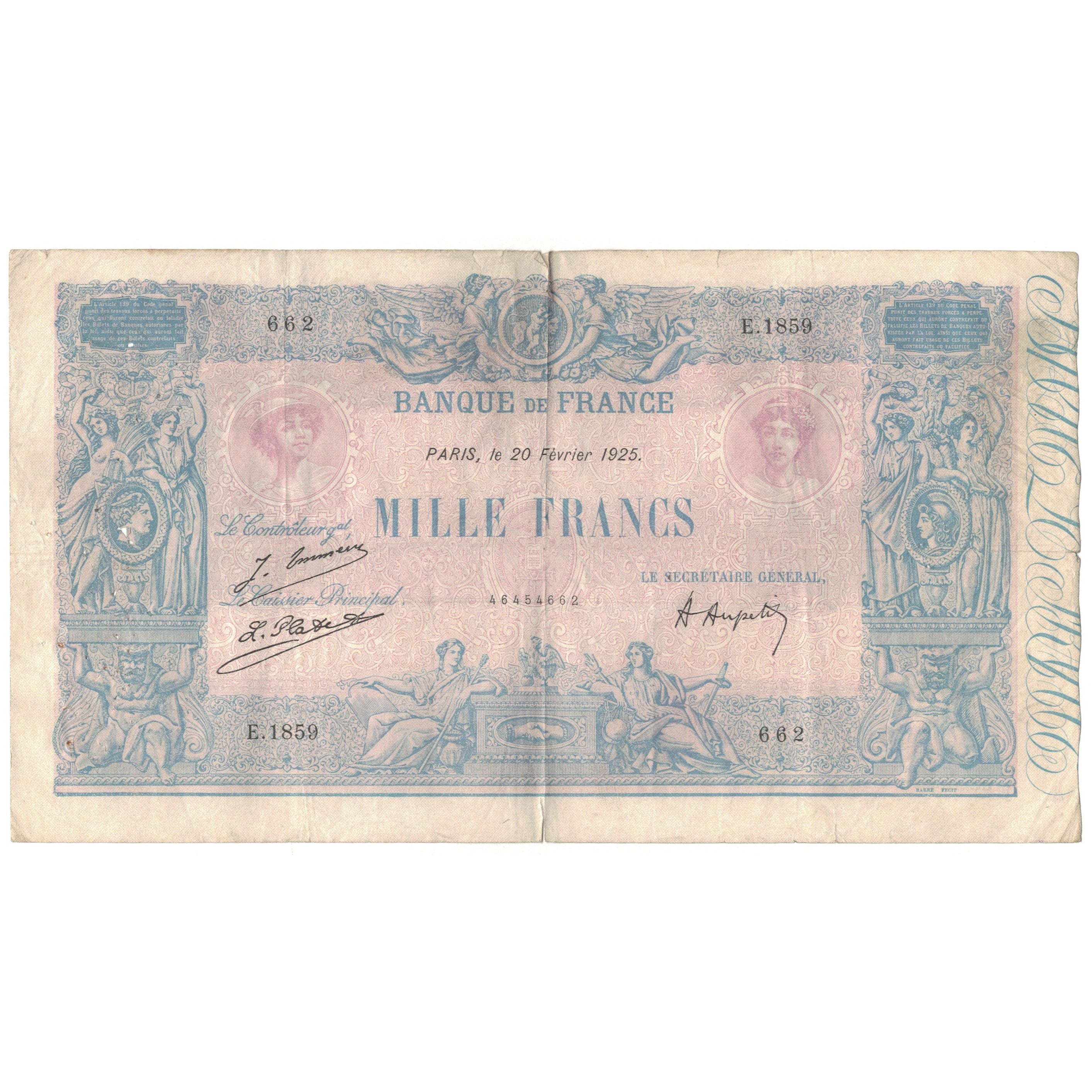 France, 1000 Francs, Bleu et Rose, 1925, E.1859, VF(20-25), Fayette:36.41