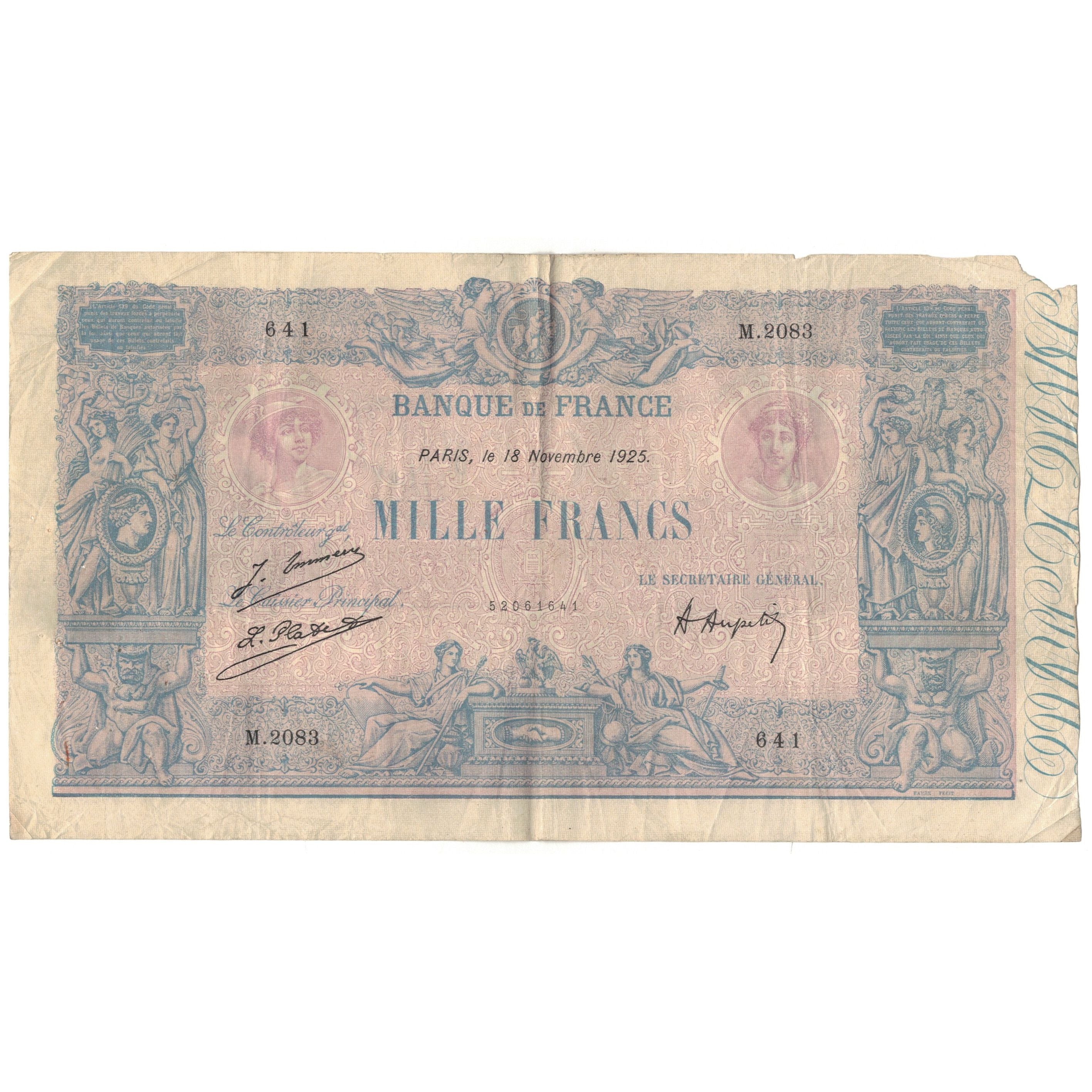 Francia, 1000 Francs, Bleu et Rose, 1925, M.2083, MB, Fayette:36.41, KM:67j