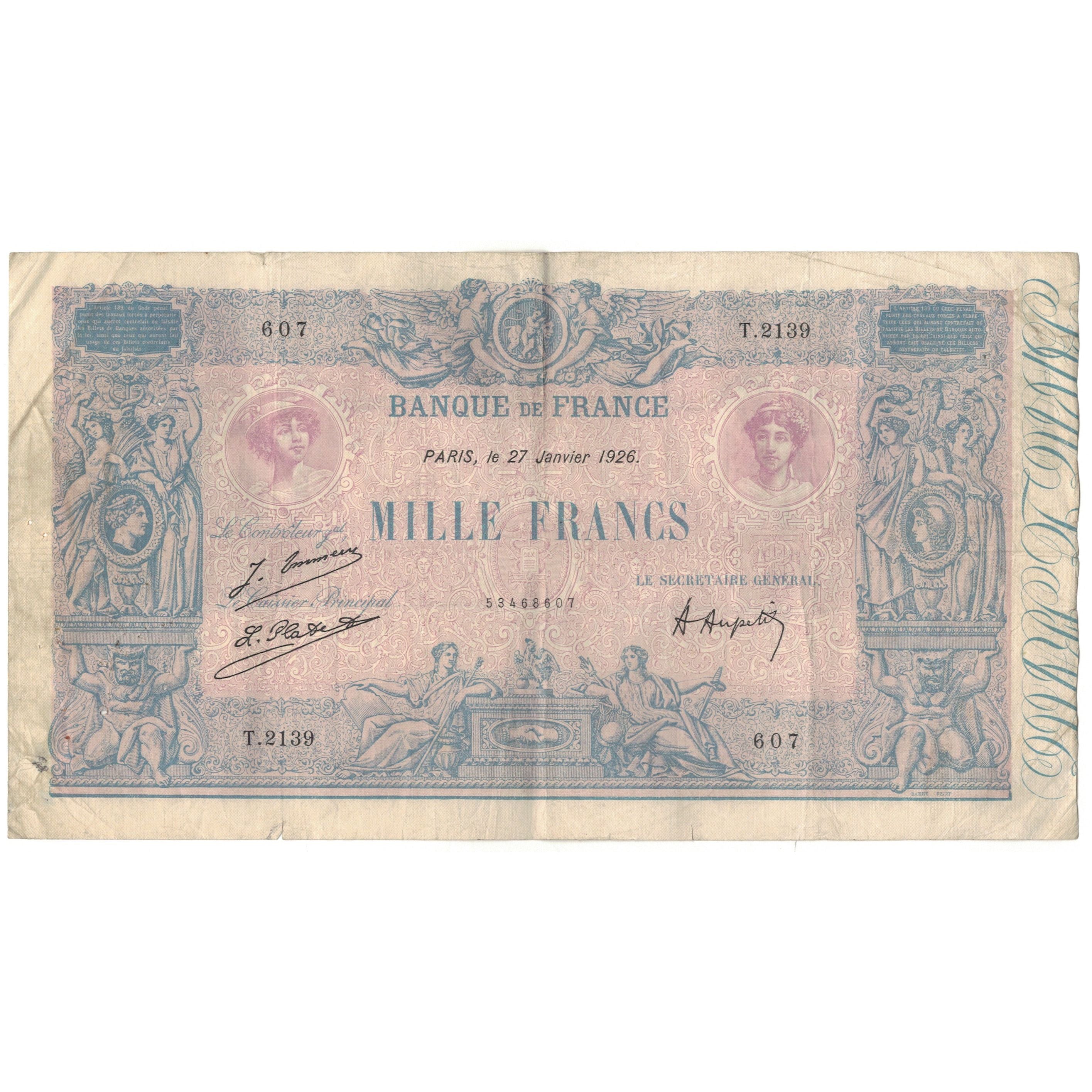 France, 1000 Francs, Bleu et Rose, T.2139, VF(20-25), Fayette:36.42, KM:67j