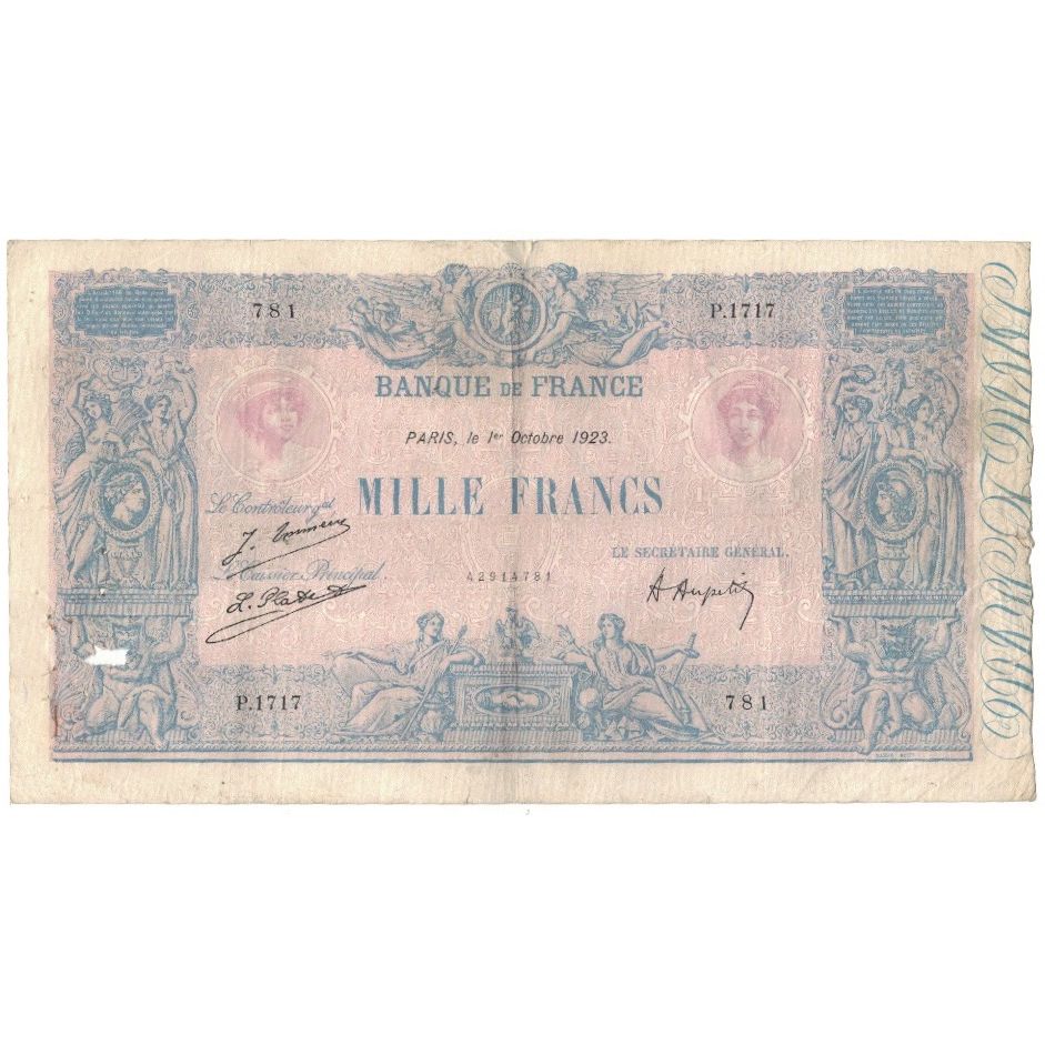 France, 1000 Francs, Bleu et Rose, 1923, P.1717, TB, Fayette:36.39, KM:67j
