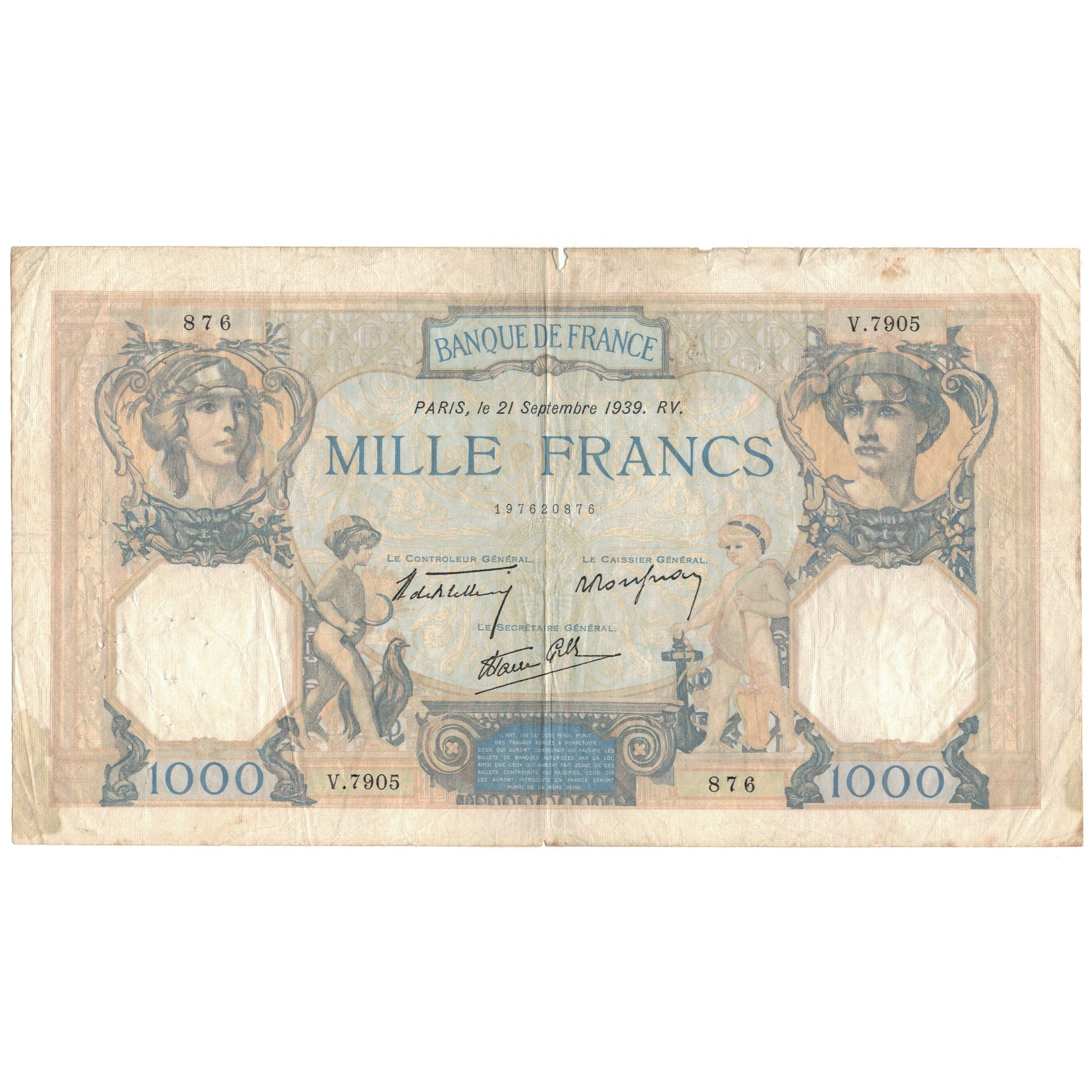 Frankreich, 1000 Francs, 1939, V.7905, S, Fayette:38.37, KM:90c