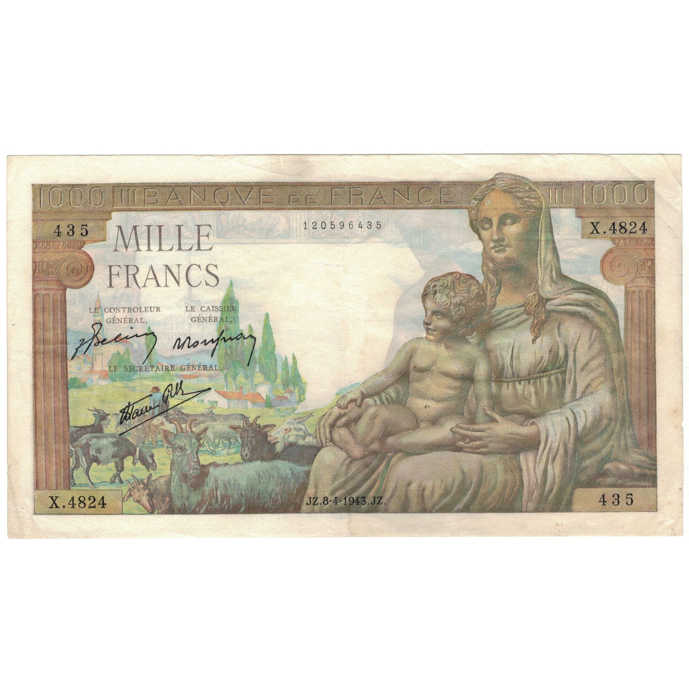 Frankrijk, 1000 Francs, 1943, X.4824, TTB, Fayette:40.21, KM:102