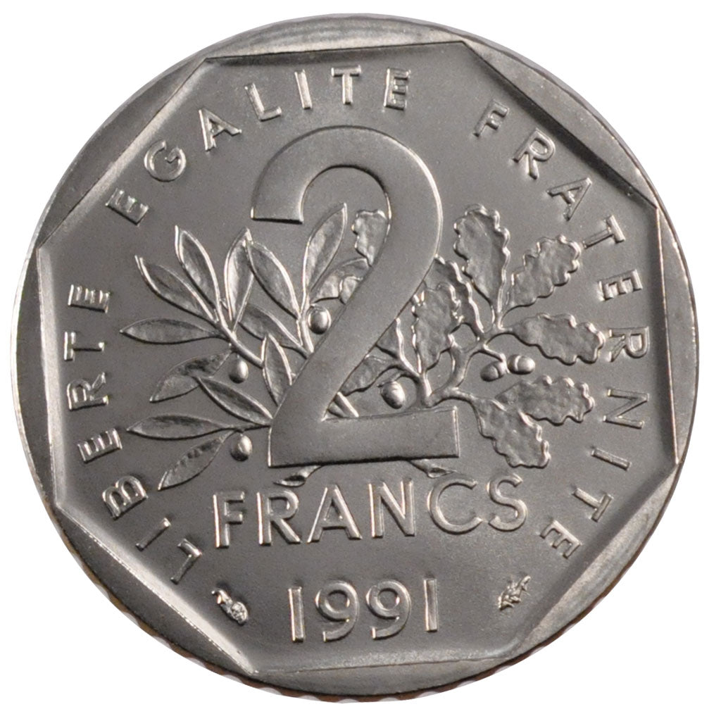 FRANCE, 2 Francs, 1991, MS(65-70), Nickel, Gadoury #547, 7.50