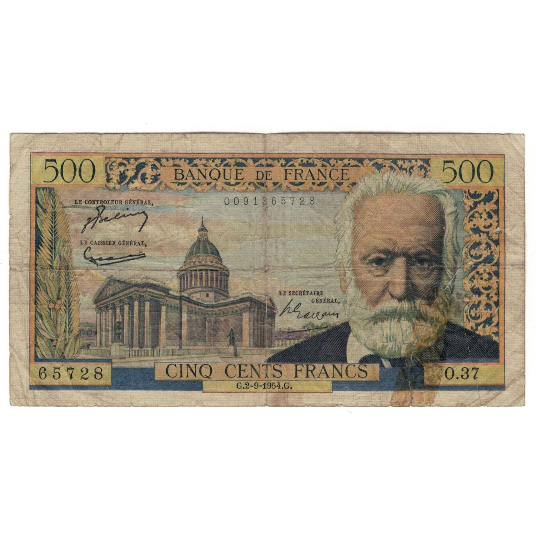 France, 500 Francs, Victor Hugo, 1954, O.37, AG(1-3), Fayette:35.3, KM:133a