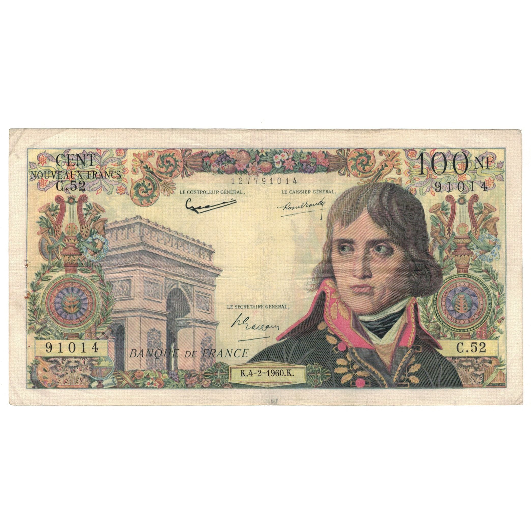 France, 100 Nouveaux Francs, Bonaparte, C.52, EF(40-45), Fayette:59.5, KM:144a