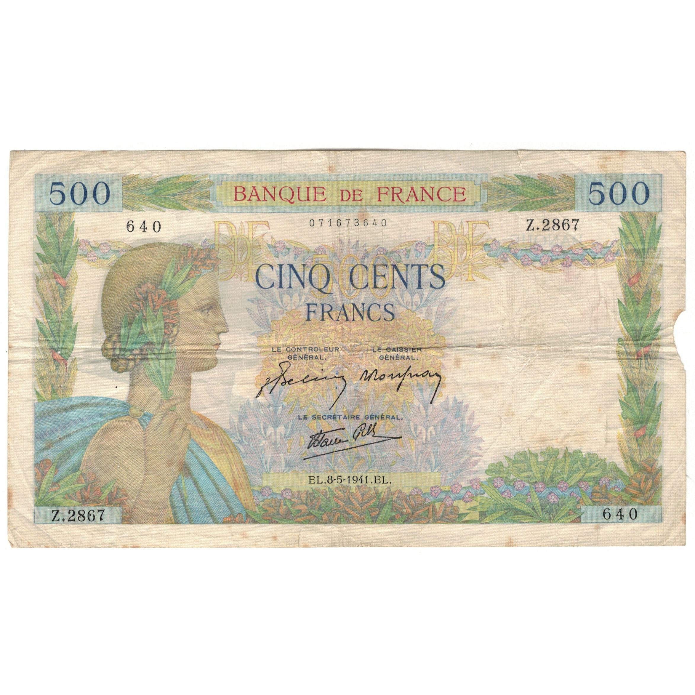 France, 500 Francs, La Paix, 1941, Z.2867, TB, Fayette:32.16, KM:95b