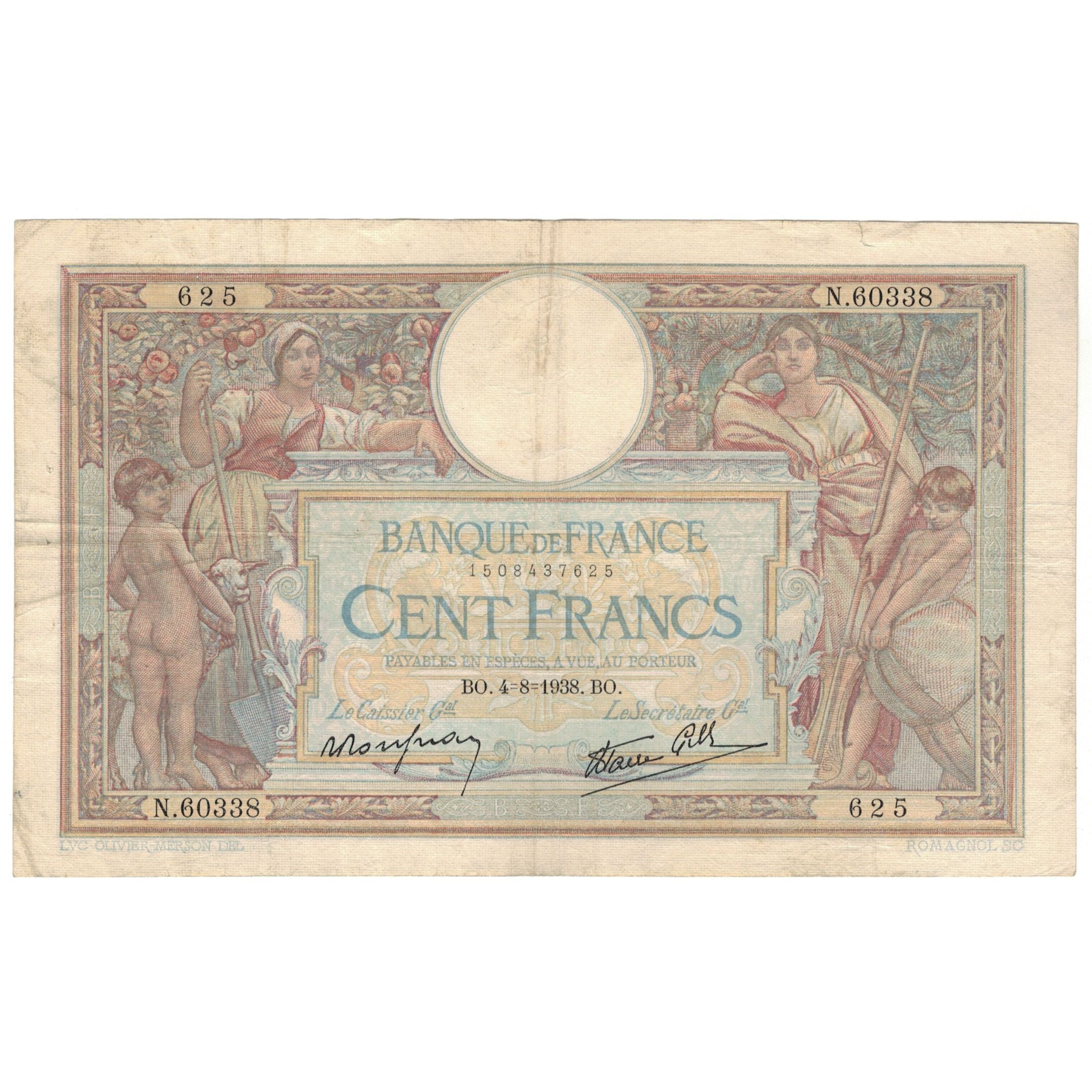 France, 100 Francs, Luc Olivier Merson, 1938, N.60338, TTB, Fayette:25.27