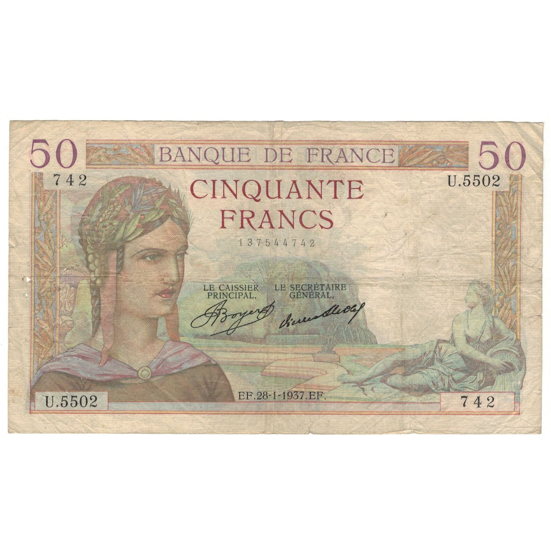 Frankreich, 50 Francs, Cérès, 1937, U.5502, S, Fayette:17.33, KM:81