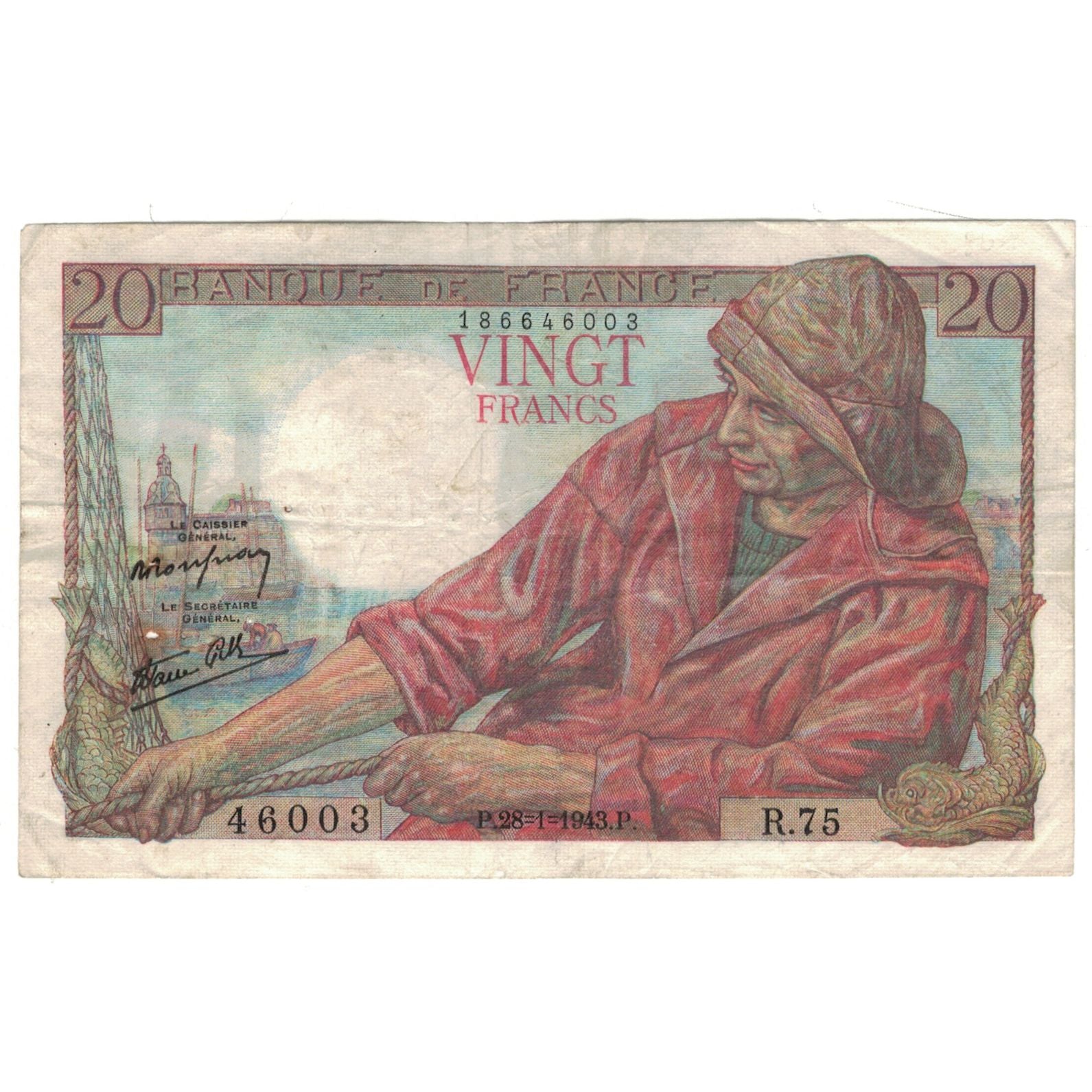 France, 20 Francs, 1943, R.75, Pêcheur, EF(40-45), Fayette:13.5, KM:100a