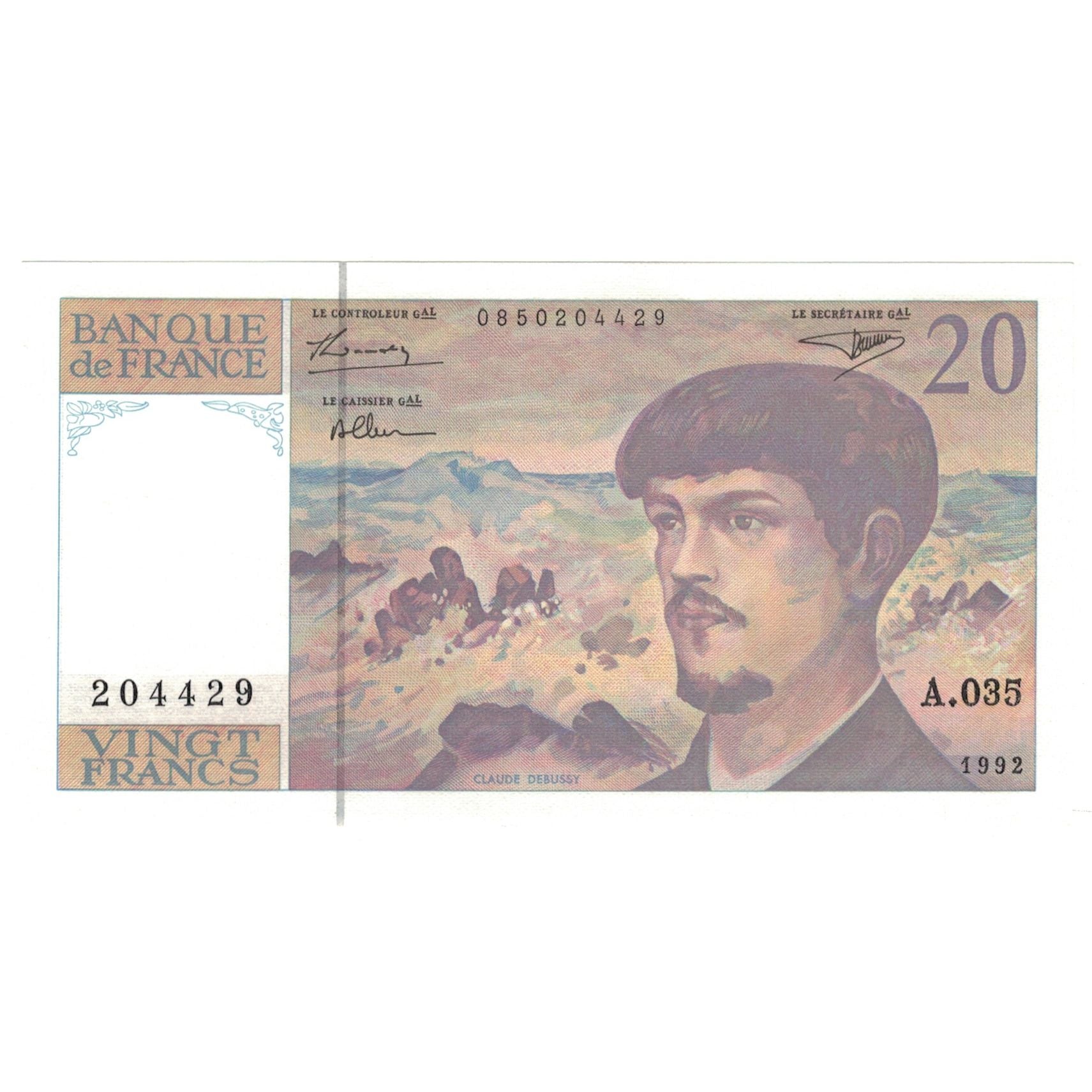France, 20 Francs, 1992, A.035, Debussy, UNC(65-70), Fayette:66bis.3, KM:151f