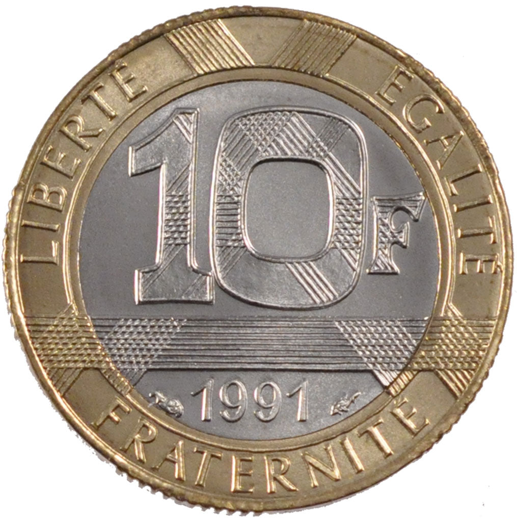 FRANCE, 10 Francs, 1991, MS(65-70), Bimetallic, Gadoury #827, 6.50