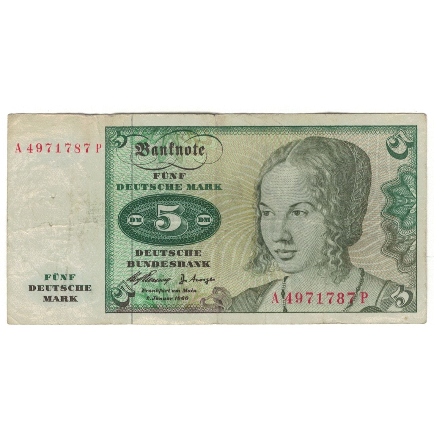 Billet, République fédérale allemande, 5 Deutsche Mark, 1960, 1960-01-02