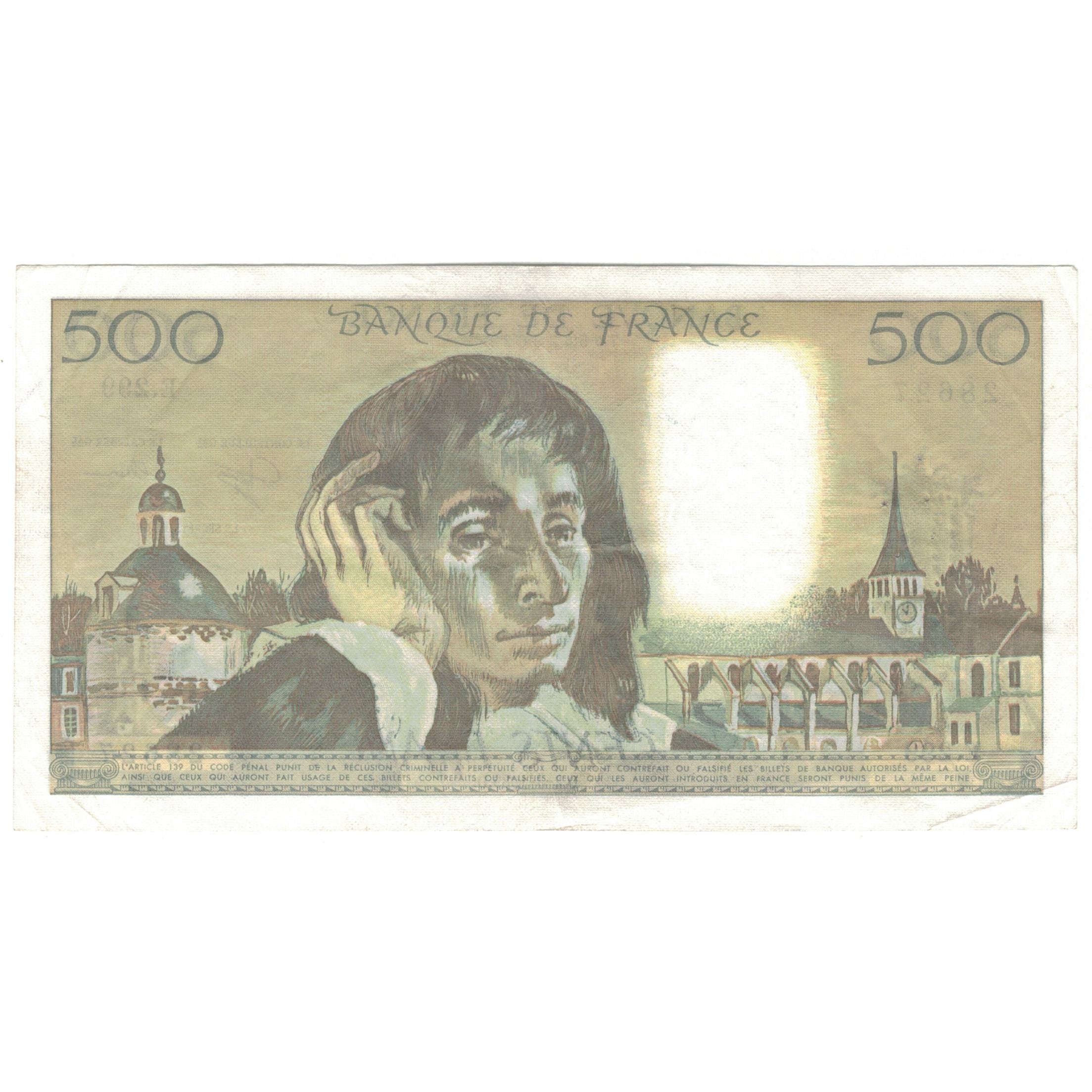 France, 500 Francs, Pascal, 1989, 1989-03-02, AU(55-58), Fayette:71.41, KM:156g