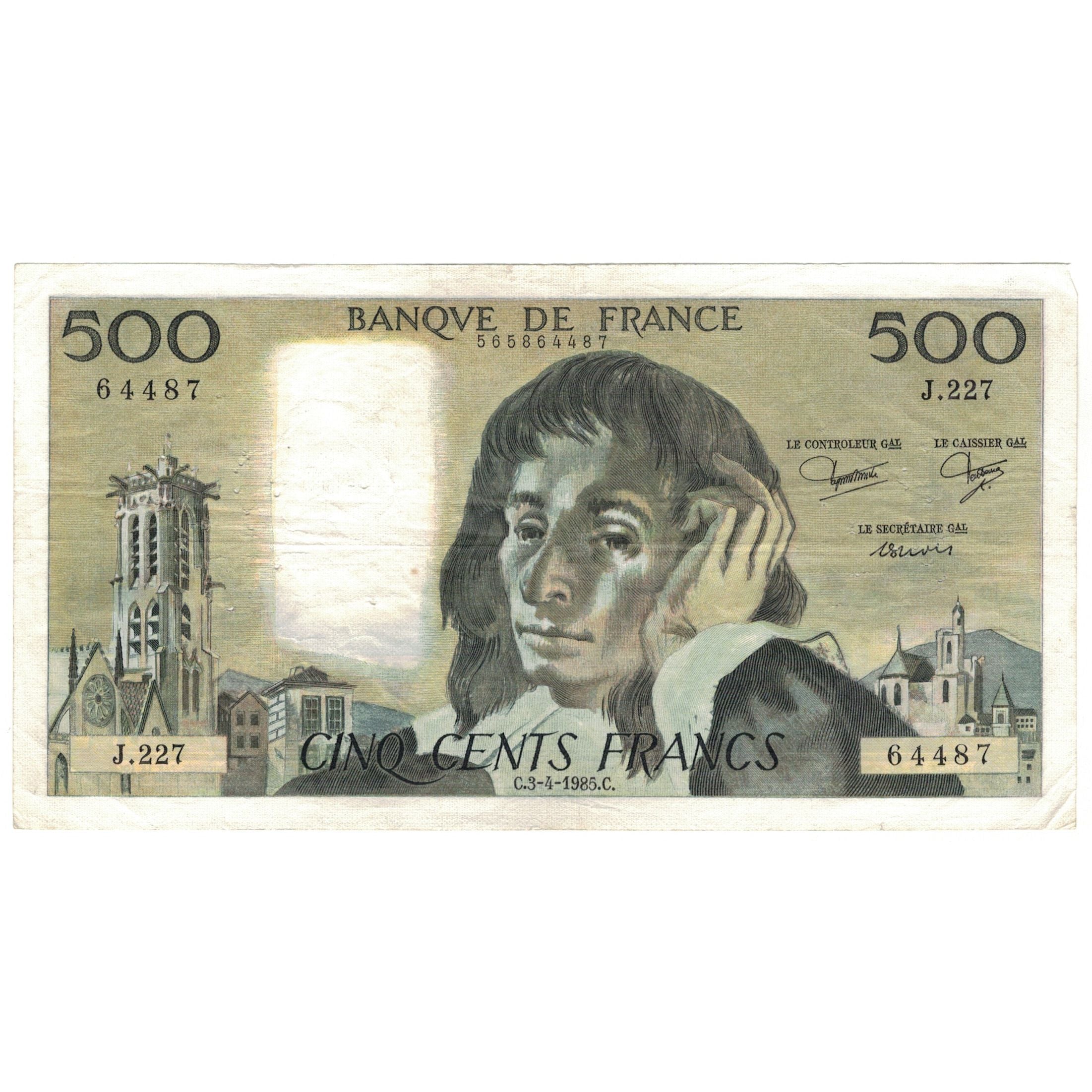 France, 500 Francs, Pascal, 1985, J.227, VF(30-35), Fayette:71.33, KM:156e