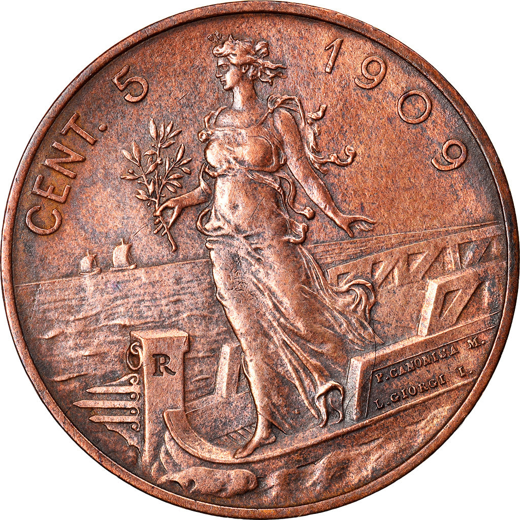 Coin, Italy, Vittorio Emanuele III, 5 Centesimi, 1909, Rome, EF(40-45), Bronze