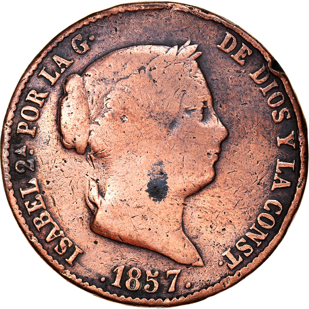 Coin, Spain, Isabel II, 25 Centimos, 1857, Segovia, VF(20-25), Copper, KM:615.2