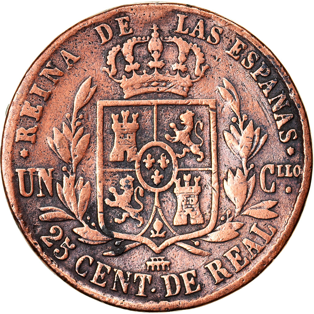 Coin, Spain, Isabel II, 25 Centimos, 1857, Segovia, VF(20-25), Copper, KM:615.2