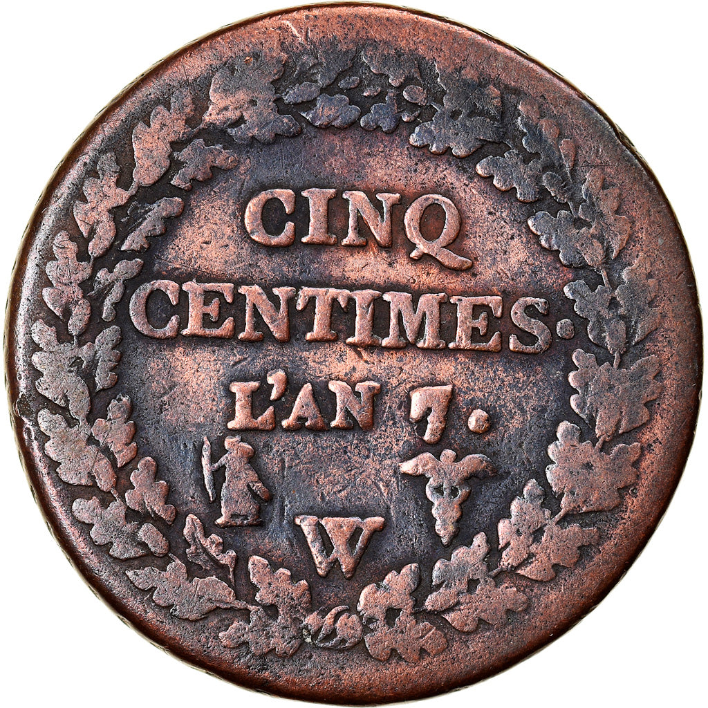 Munten, Frankrijk, Dupré, 5 Centimes, AN 7, Lille, ZG+, Bronze, KM:640.11