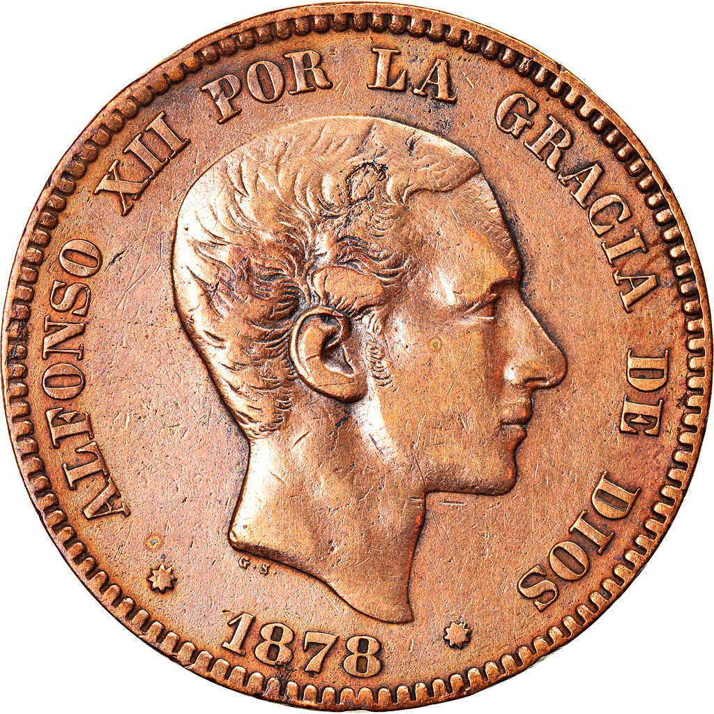 Coin, Spain, Alfonso XII, 10 Centimos, 1878, Barcelone, VF(30-35), Bronze