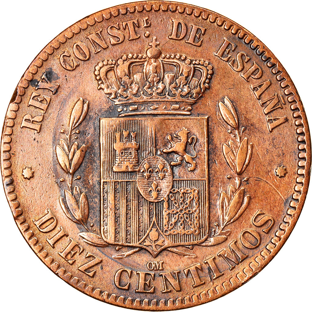 Coin, Spain, Alfonso XII, 10 Centimos, 1878, Barcelone, VF(30-35), Bronze