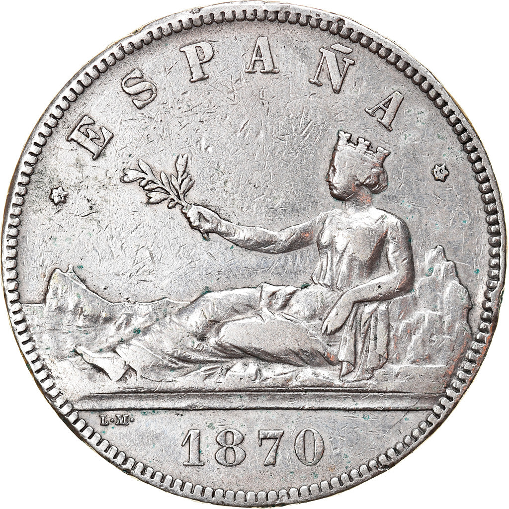 Moneda, España, Provisional Government, 5 Pesetas, 1870, Madrid, BC+, Plata