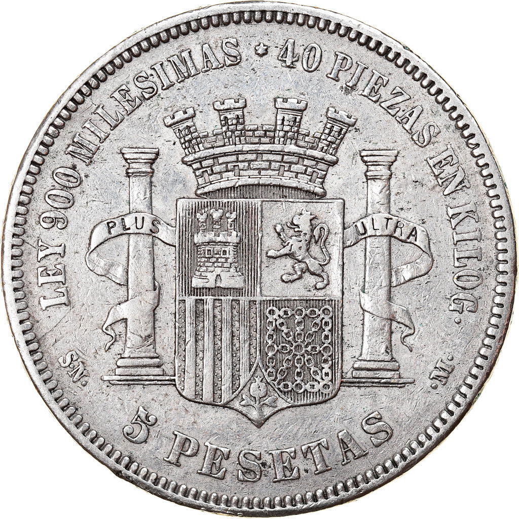 Moneda, España, Provisional Government, 5 Pesetas, 1870, Madrid, BC+, Plata